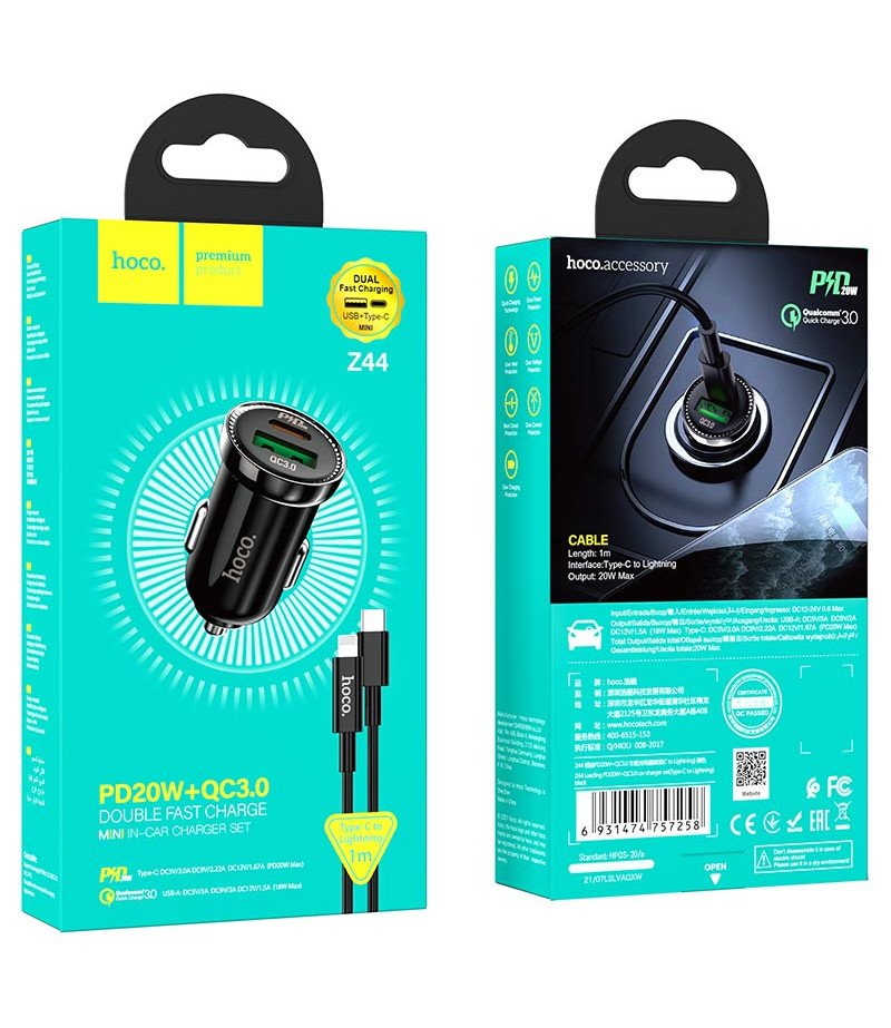 Hoco Z44 Auto Ladegerät mit Typ-C und USB A (PD20W+QC3.0) , Art.:000951